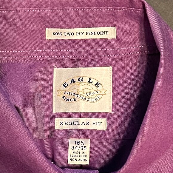 Men's Eagle Shirt 16.5-34/35 Purple 100% Cotton Button Down Dress - Picture 3 of 7